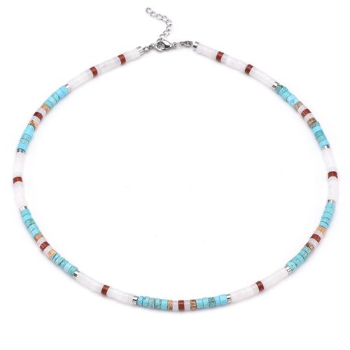 Collier Perles Heishi Turquoise Jaspe Rouge Paysage Et Blanc