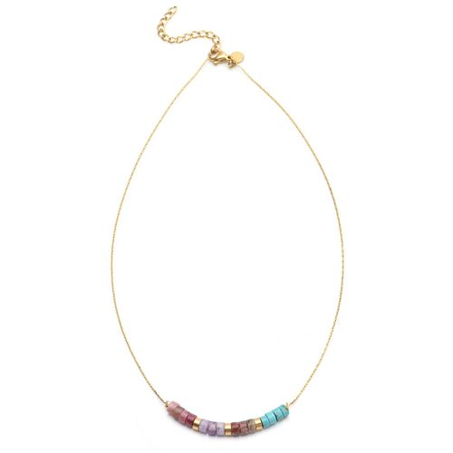 Collier Perles Heishi Pierres Naturelles Améthyste Turquoise Jaspe Rouge