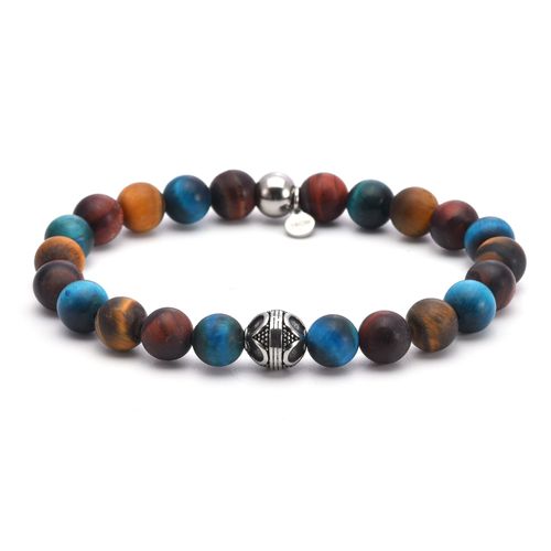 Bracelet 8mm Acier Pierres Naturelles Perles Rondes ?il De Tigre Rouge Bleu Et Jaune