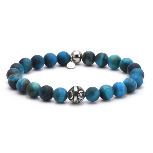 Bracelet 8mm Acier Pierres Naturelles Perles Rondes ?il De Tigre Bleu