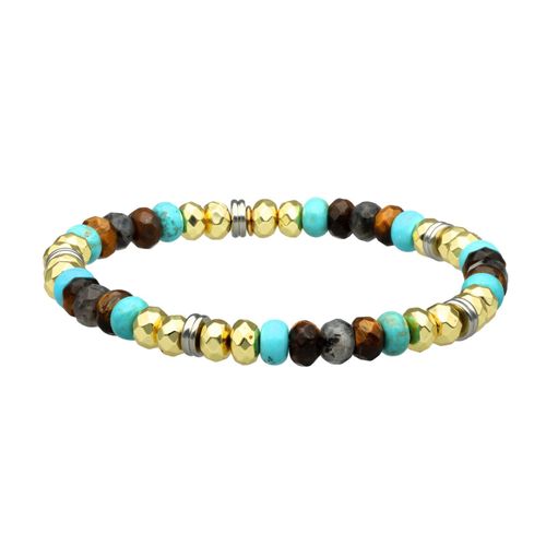 Bracelet Acier Perles Facettées Hématite Turquoise Et Oeil De Tigre