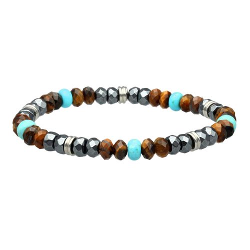 Bracelet Acier Perles Facettées Turquoise Hématite Pierre De Lune Et Oeil De Tigre