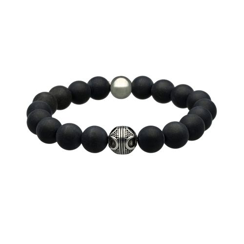 Bracelet Acier Pierres Naturelles Perles Rondes Agate Noir