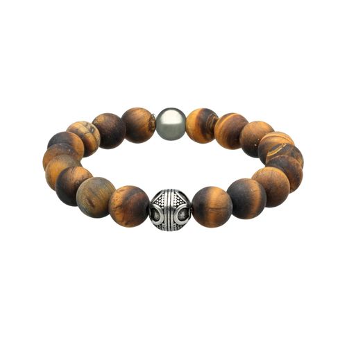 Bracelet Acier Pierres Naturelles Perles Rondes Oeil De Tigre Jaune