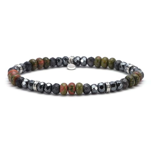 Bracelet Acier Perles Facettées Unakite Hématite Et Oeil De Tigre