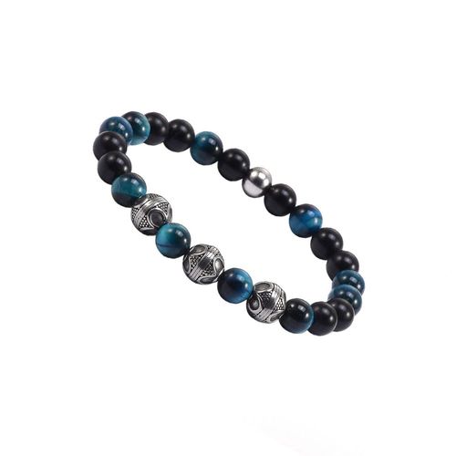 Bracelet Homme Perles ?il De Tigre Bleu Et Perles Argenté
