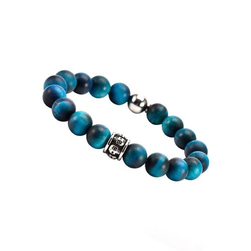 Bracelet Grosses Perles Pierres Naturelles ?il De Tigre Bleu Tête De Mort