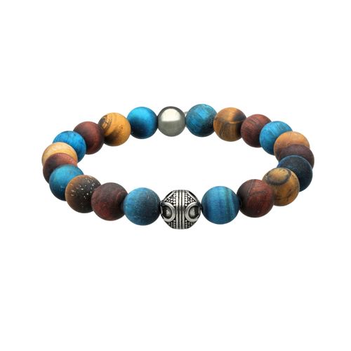 Bracelet Acier Pierres Naturelles Perles Rondes ?il De Tigre Rouge Bleu Et Jaune