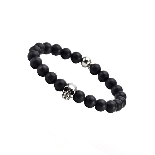 Bracelet Boules Noir Onyx Pierres Naturelles Tête De Mort