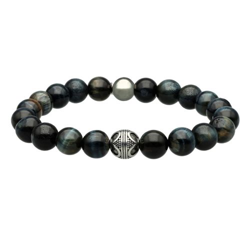 Bracelet Acier Pierres Naturelles Perles Rondes Oeil De Tigre Bleu Et Agate Noir