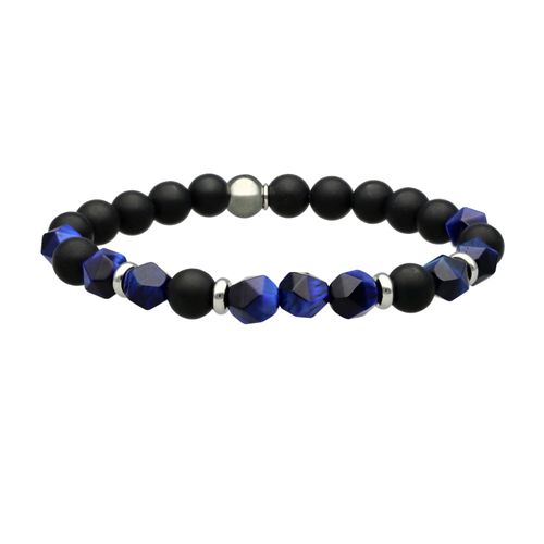Bracelet Acier Pierres Naturelles Perles Agate Noir Et Lapis