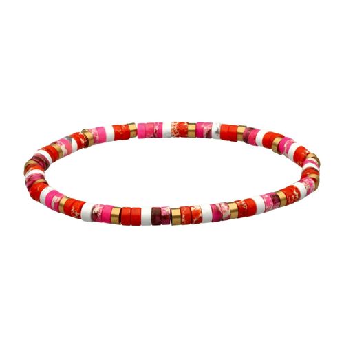 Bracelet Acier Perles Heishi 4mm Jaspe Orange Impérial Et Rose Impérial Et Turquoise Blanche