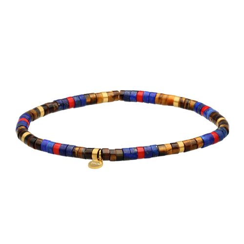 Bracelet Acier Perles Heishi 4mm Pierre Lapis Jaspe Rouge Et Oeil De Tigre