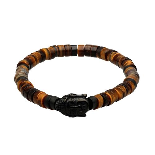 Bracelet Perles Heishi Pierres Naturelles ?il De Tigre Bouddha Acier Noir