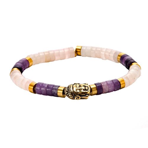 Bracelet Perles Heishi Pierres Naturelles Améthyste Et Quartz Rose Bouddha Doré Acier