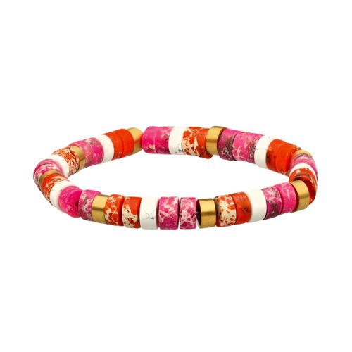Bracelet Acier Perles Heishi 6mm Jaspe Orange Impérial Et Rose Impérial Et Turquoise Blanche