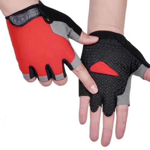 Gants D'haltères De Gymnastique Hommes Femmes Haltérophilie Fitness Sport Entraînement Gants D'exercice Antidérapant Respirant Demi Doigt Gant De Cyclisme-L-Rouge
