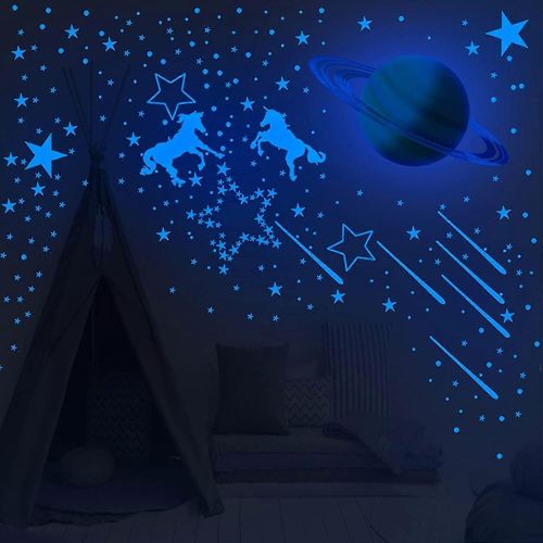 Lot de 281 autocollants muraux phosphorescents motif lune, étoiles et pois, pour plafond lumineux, chevaux volants, décoration murale bleu fluorescent, pour chambre d'enfant, salon, 9