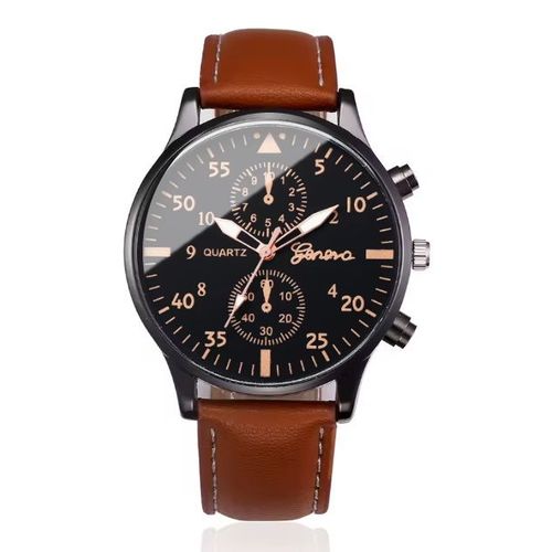 Montre Homme Aviateur Bracelet Façon Cuir Marron Boitier Métal Fond Noir Aiguilles Luminescentes