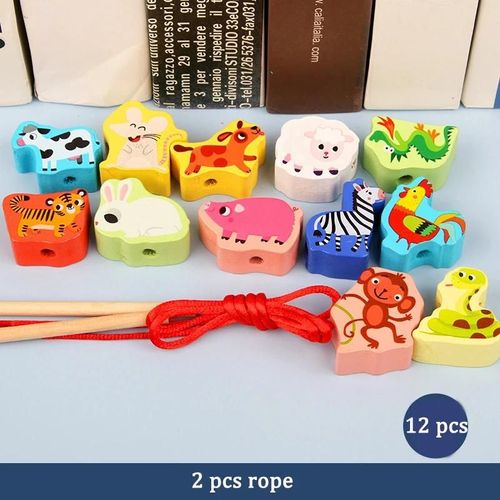 Jouets en bois bébé bricolage jouet dessin animé fruits animaux cordage filetage perles en bois jouet Monterssori éducatif pour les enfants--12 pcs