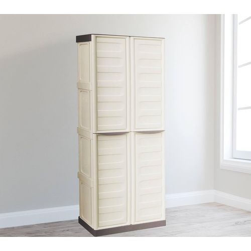 Lbgwp60-Armoire D'extérieur Marchin, Armoire De Balcon Polyvalente, Armoire D'extérieur 2 Portes, 100% Made In Italy, Beige Et Marron, Finition Rayée, 70x39h165 Cm