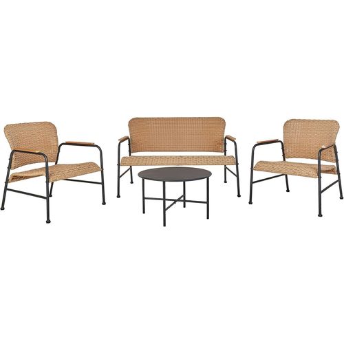 Lbgwp60-Ensemble De Jardin En Rotin Pe 4 Places Avec Canapé Et Fauteuils Table Basse Structure En Acier Et Pied Noir Ofanto