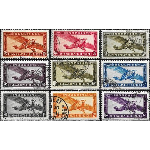 Indochine (Actuel Vietnam), Colonie Française 1933 / 38, Beaux Timbres De Poste Aérienne Yvert 7 8 8a 9 10 10a 11 12 13, Avion Monomoteur, Oblitérés, Tbe.