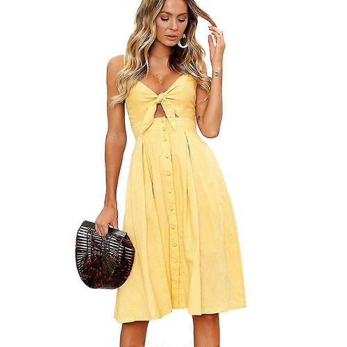 Robe D'été Jaune Pour Femme, Col En V, Bretelles Spaghetti, Coupe Trapèze, Dos Nu, Style Évasé