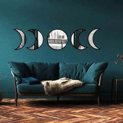 Miroir acrylique décoratif scandinave avec phases de lune, design d'intérieur, miroir en bois avec phases de lune, décoration murale bohème pour chambre, miroirs non réels (noir)