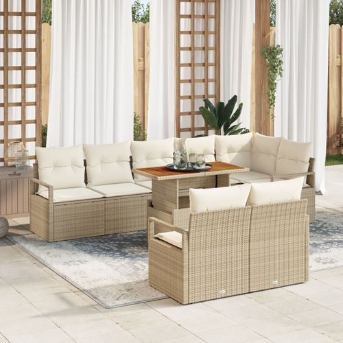 Ensemble De Sofa De Jardin De 9 Pièces Avec Coussins Beige Poly Rotin, Sofa De Jardin 2 Places Avec Rangement Et Coussins Beige Poly Rotin