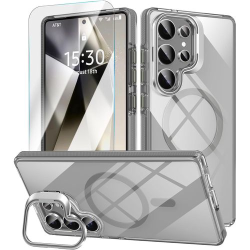 Compatible Avec Samsung Galaxy S25 Ultra Coque Avec Support, Magnétique Transparent Anti-Choc Bumper Étui Avec Protection D'écran Pour S25 Ultra-Gris[Coque6184526]