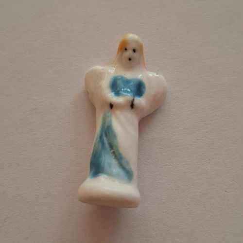 Fève Santon  Crèche Porcelaine Brillante Ange  Femme Habit Robe Bleu Blanc  Cheveux Ou Voile Orange  Ref%8