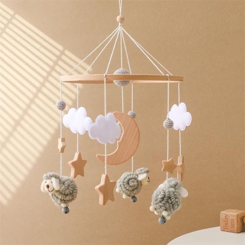 Bébé Mobile en bois,Mobile Musical Lit Bébé,Suspendu Hochet pour Lit Bebe Cadeaux De Naissance pour Fille Garçon,Étoile,lune,Mouton(Gris)