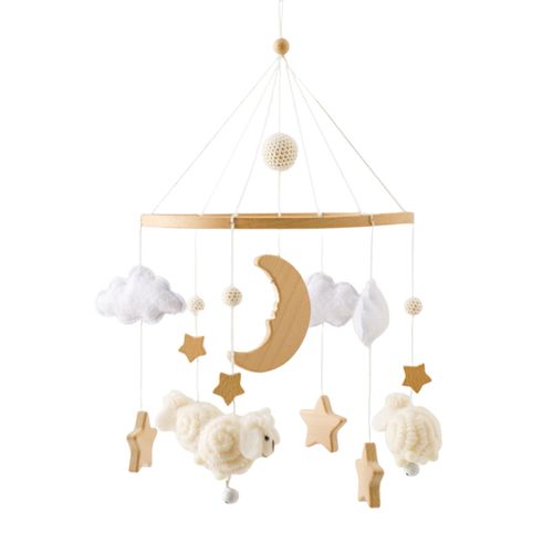 Mobile Bébé en Bois,Mobile Bebe Musical,Carillon De Vent Mobile Tricotée à La Main,Décoration de Chambre de Bébé pour Fille et Garçon(Beige)