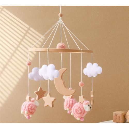 Bébé Mobile en bois,Mobile Musical Lit Bébé,Suspendu Hochet pour Lit Bebe Cadeaux De Naissance pour Fille Garçon,Étoile,lune,Mouton(Rose)