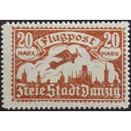 Allemagne, Ville Libre De Danzig 1923, Beau Timbre De Poste Aérienne Yvert 10, Avion Survolant La Ville, 20mk Bistre Brun, Neuf*