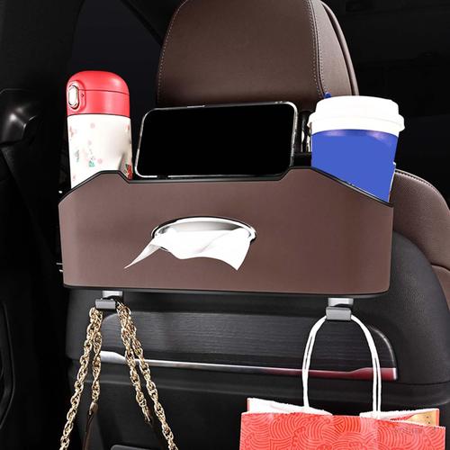 Organisateur de siège arrière de voiture avec 2 porte-gobelets à boisson,  boîte de rangement multifonctionnelle de véhicule, boîte de mouchoirs et  crochet de boîte de rangement