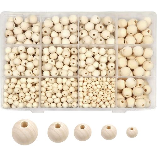 600 Pieces Natural Round Wooden Beads 6 Mm 8 Mm 10 Mm 12 Mm 14 Mm Cotton Thread Beads For Bracelet Jewellery Making Accessory Diy