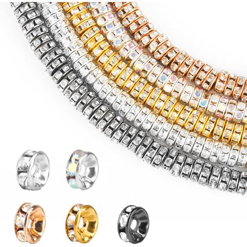 500pcs Sparkly Beads For Bracelets,Rhinestone Slip-On Beads,Round Spacer Beads Charms For Bracelets Necklaces (Gold,Silver,Rose Gold,Metallic Grey,Ab)