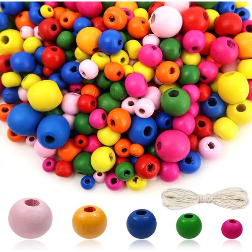 600 Pieces Natural Coloured Round Wooden Beads 6 To 14 Mm Mixed Size Beads With Cotton Thread For Jewellery Making Diy Accessory