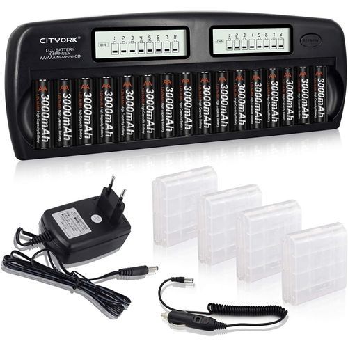 Fast Battery Charger Built-In Ic Protection With Lcd Display For Aa Aaa Ni-Mh Batteries With 16 Aa 3000mah Nimh Batteries With Storage Case Included