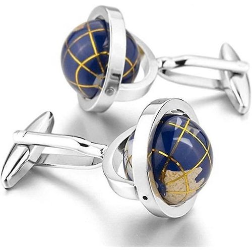 Really Spins Lot De 2 Boutons De Manchette Plaqués Rhodium Pour Homme Motif Globe Terrestre Bleu