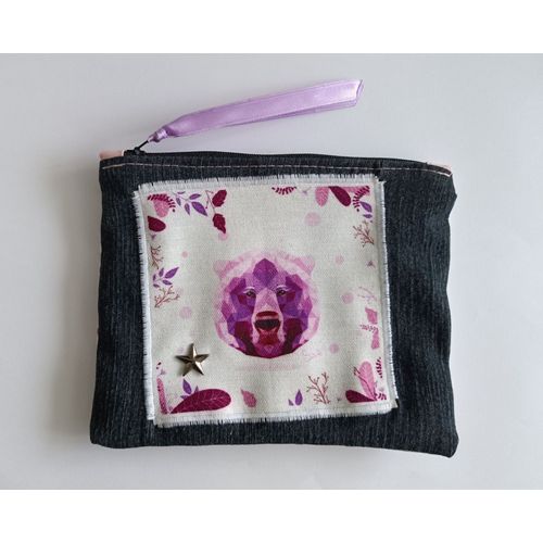 Pochette en toile. Tete d'ours. Formes geometriques. Etoile. By Laurette. 16,5 x 13,5 cm
