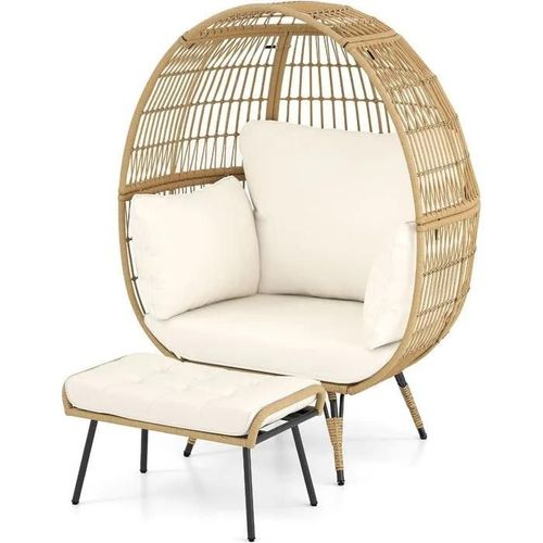 Costway Salon De Jardin Extérieur Intérieur Avec Ottoman, Chaise ?uf En Rotin Pe 2 Pcs Avec Coussins, Repose-Pieds, Marron Clair