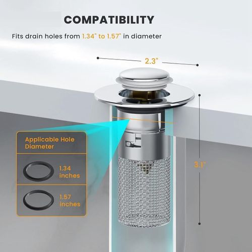 Kit 2 Bouchons Évacuation 34-40mm - Compatible Lavabo/Baignoire - Inclut Filtre Anti-Cheveux + Système Pop-Up
