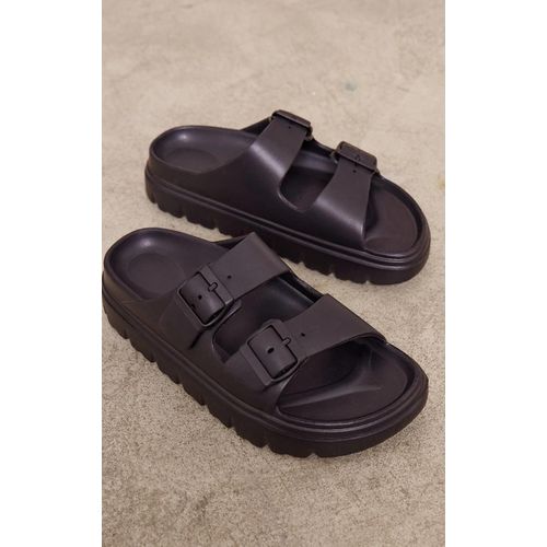 Sandales Rondes Noires À Semelle Chunky Et Détail Boucles, Noir - 37