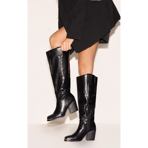 Bottes Montantes Style Western En Pu Noir À Bout Carré, Noir - 41