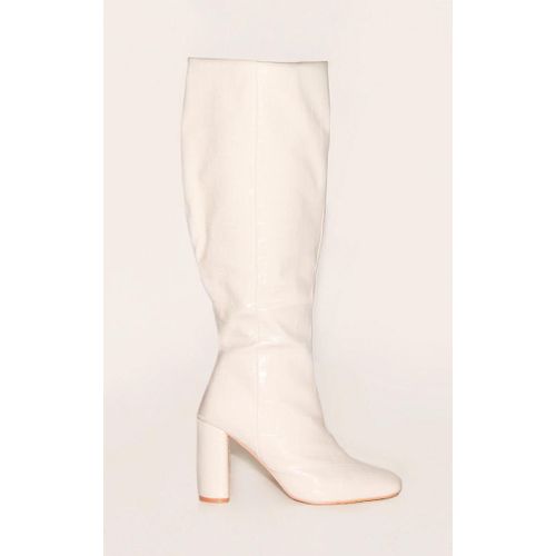 Bottes En Pu Blanc Croco À Bout Carré Large À Talon Bloc, Blanc - 41