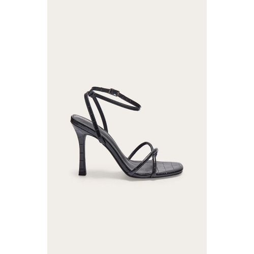 Sandales À Talon En Pu Noir Effet Croco À Bout Carré Et Brides Fines, Noir - 39