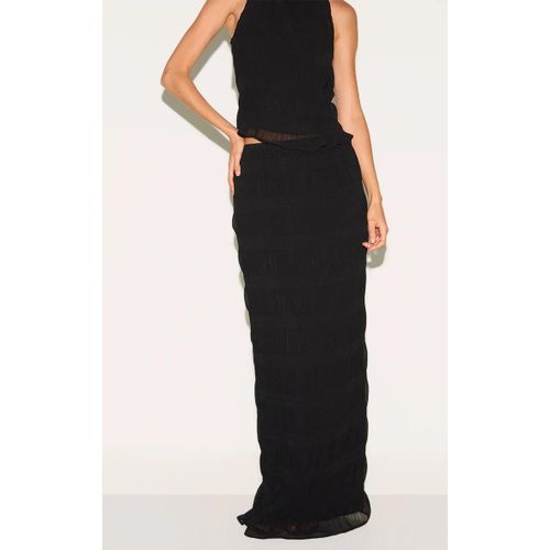 Jupe Longe En Mousseline De Soie Texturée Noire, Noir